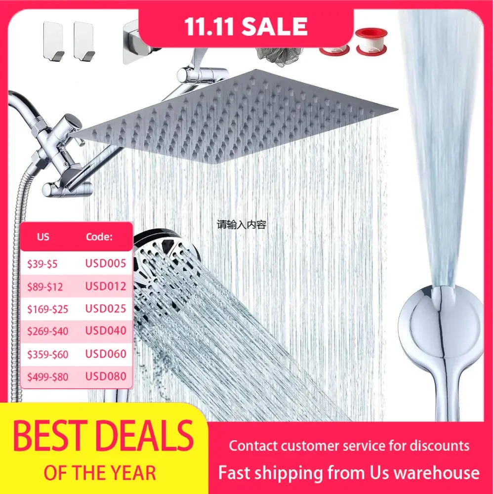 shower head,10''Rainfall Shower Head with Handheld Combo High Pressure 8+2 MODE built-in power wash, Stainless Steel