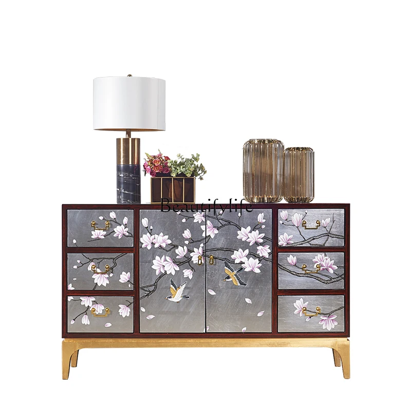 

*New Chinese-style entrance cabinet Painted magnolia flower and bird solid wood storage screen partition cabinet
