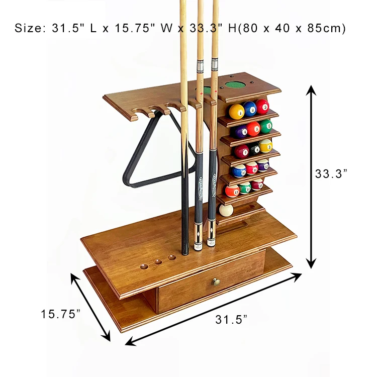 Pool-Queue-Rack für bis zu 6 Stäbchen und Billardzubehör. Bodenständer Pool Queue Holder aus massivem Hartholz