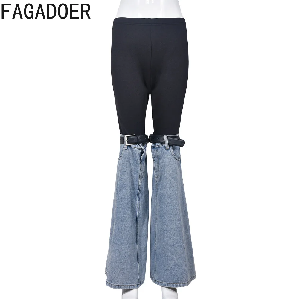 FAGADOER Vintage Fashion Patchwork Denim Flared Pants Women High Waist Elastic Skinny Trousers Casual Female Bottoms Streetwear