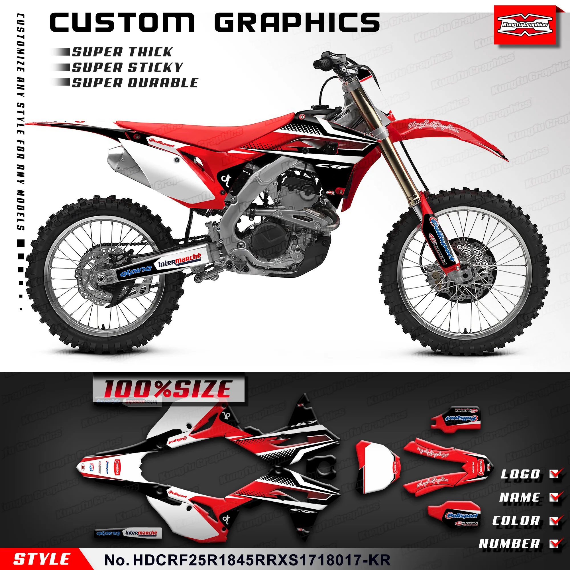 

KUNGFU GRAPHICS Adhesive Decals Vinyl Sticker for Honda CRF250R CRF450R 2017 2018 2019 2020 2021, HDCRF25R1845RRXS1718017-KR