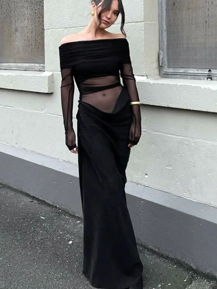 

Sexy Off Shoulder Hollow Out Slim Dresses Women Solid Color See Through Mesh Patchwork Package Hip Bodycon Party Evening Dress