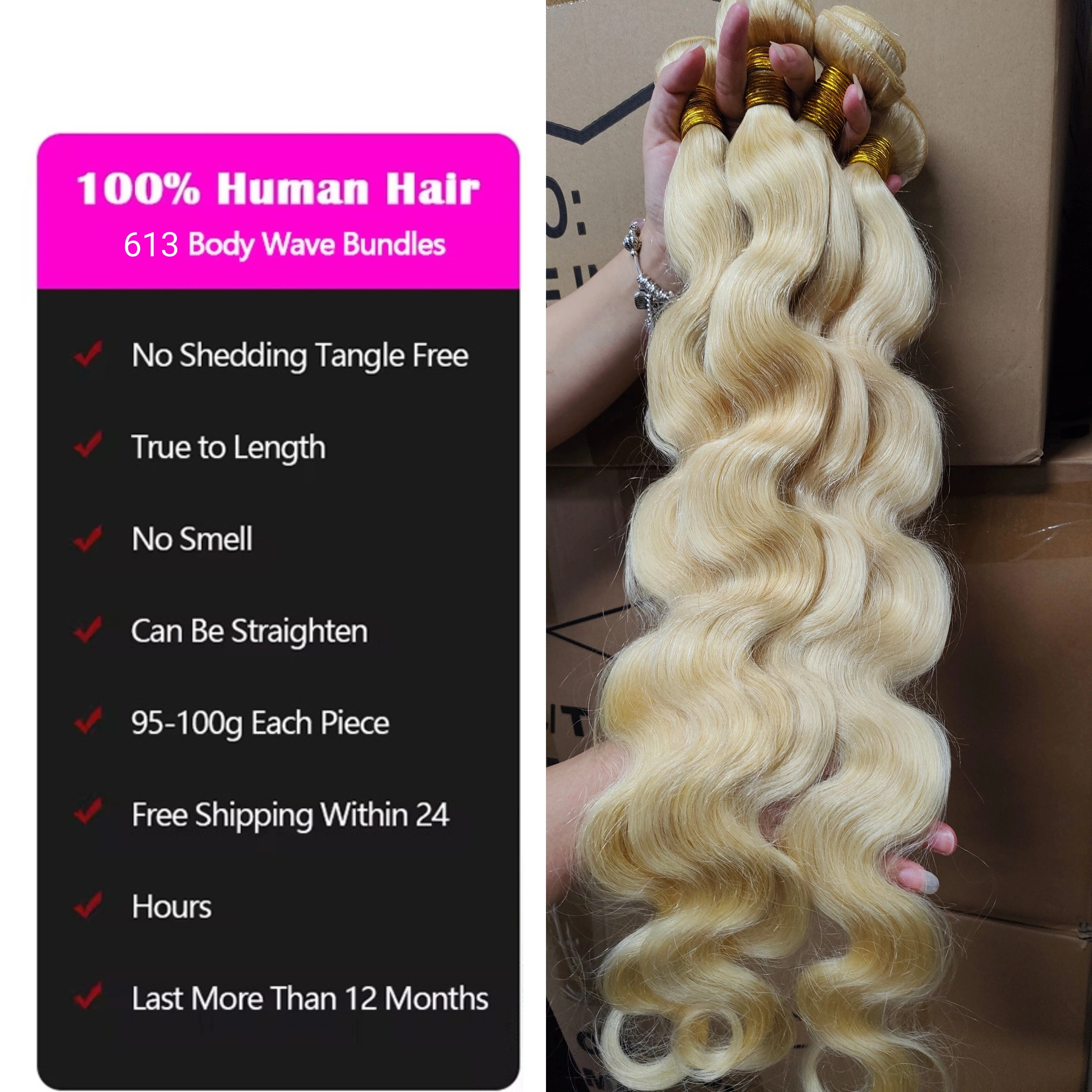 14A 613 حزم الشعر البشري الجسم موجة الشعر البشري طويل 100% الشعر البشري شعر أشقر تمديد ضفيرة شعر برازيلي حزم 40 بوصة