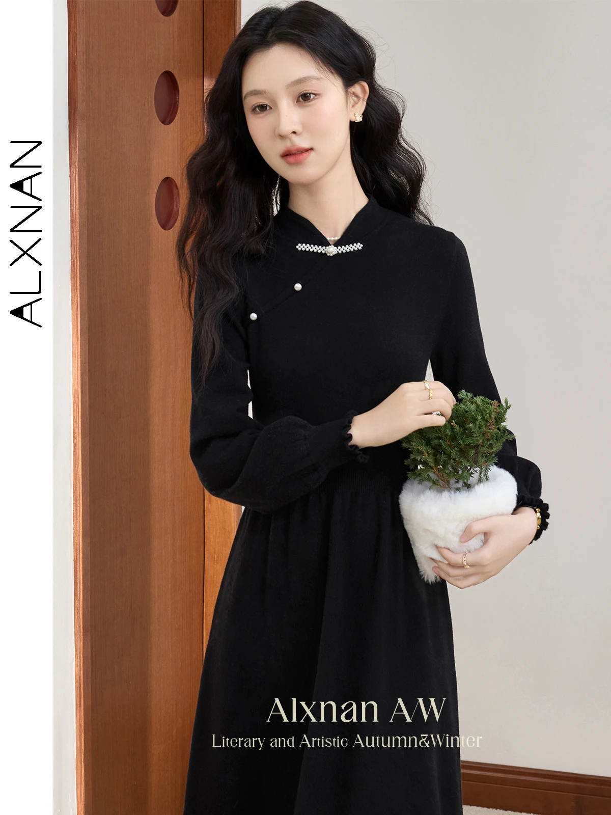 

ALXNAN Women's Elegant Temperament Dresses 2024 Fall Winter New Gentle Mandarin Collar Long Sleeve Lady Mid-length Dress L51606