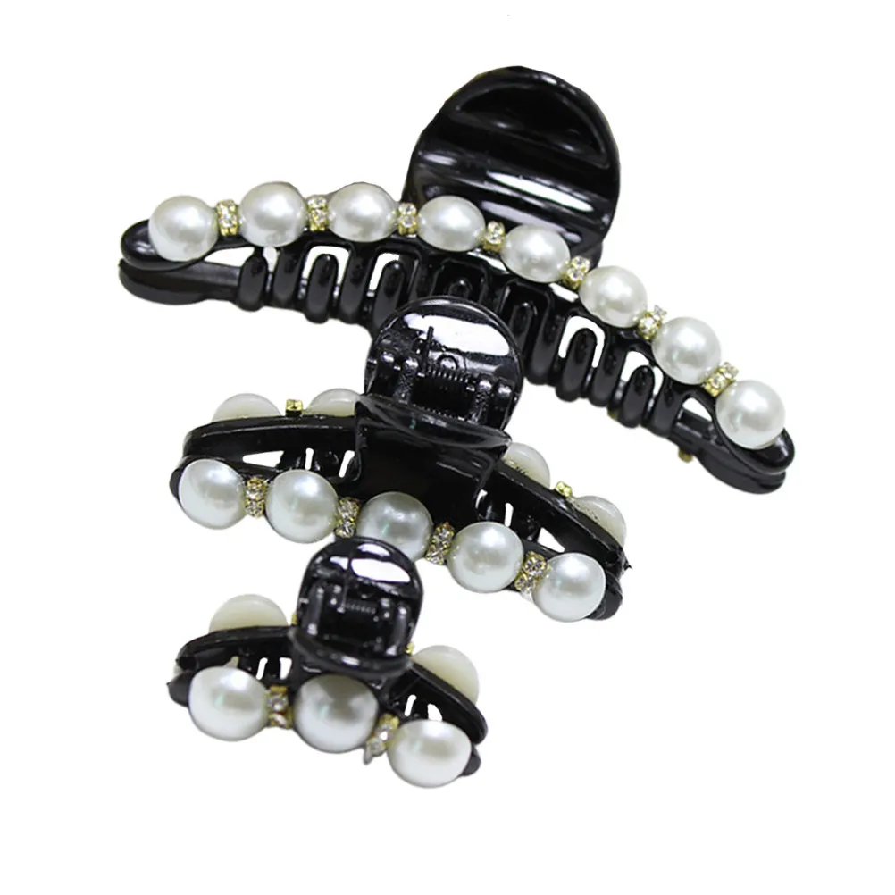 

3Pcs Pearl Rhinestone Jaw Clip Set Black Elegant Simple Hair Clips for Women Daily Party Travel Accessories Jaw Clip Women