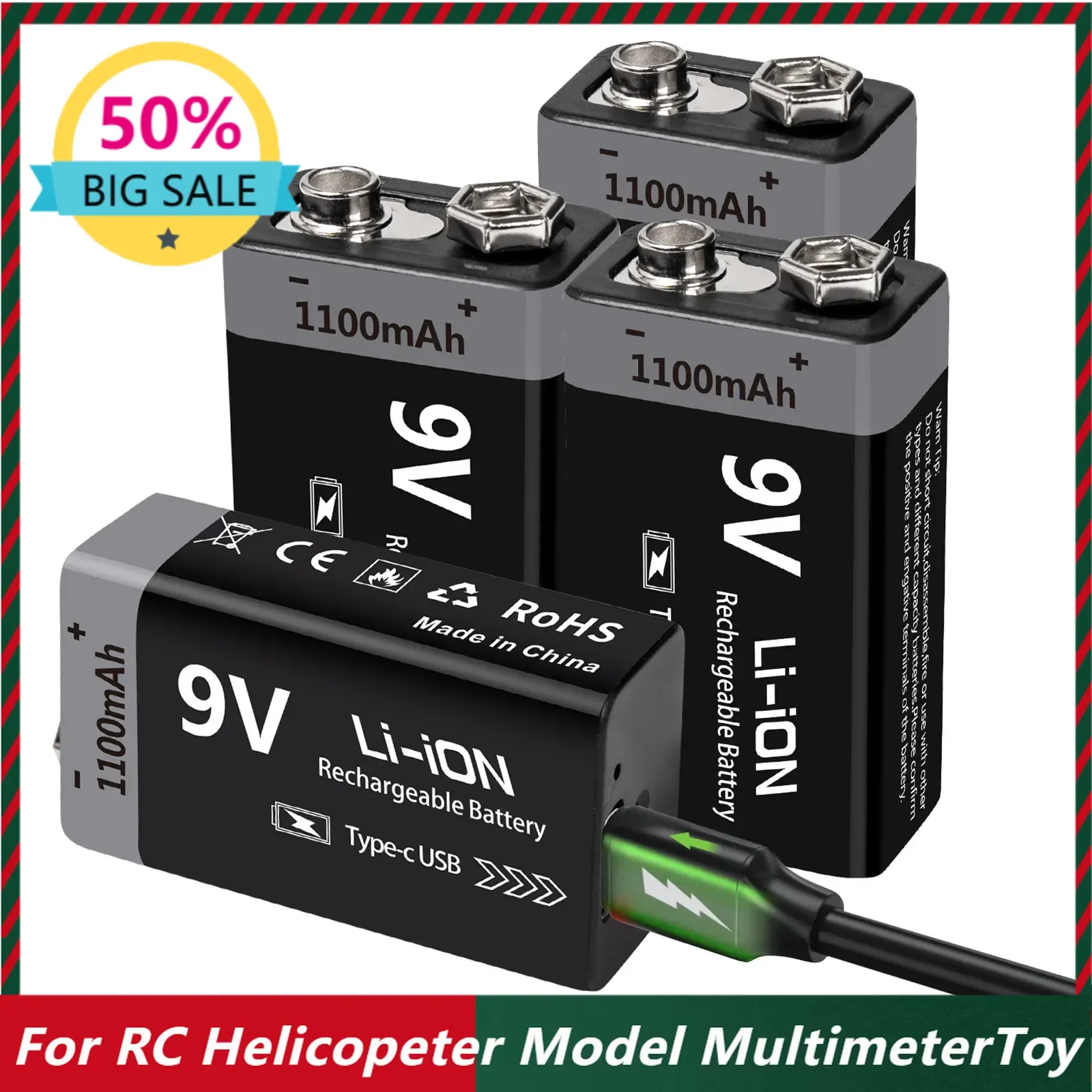 

USB 9V Rechargeable Battery 1100mAh Type-C Rechargeable 6F22 9V Li-ion Battery for RC Helicopeter Model Multimeter Toy