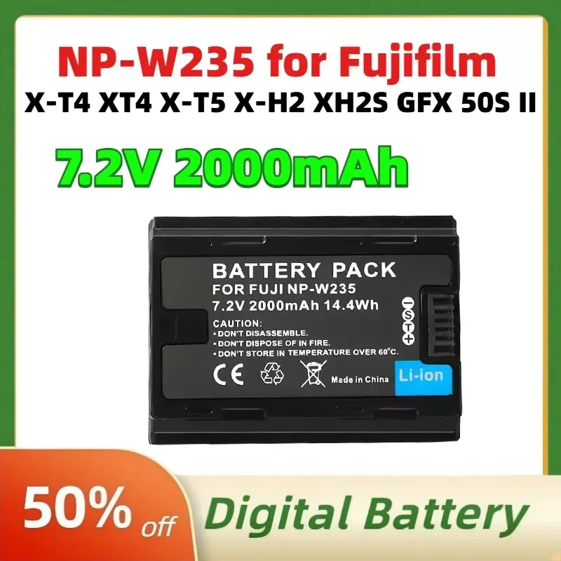 7.2V 2000mAh NP-W235 Lithium-ion Digital Battery for Fujifilm X-T4 XT4 X-T5 X-H2 XH2S GFX 50S II Rechargeable Batteries