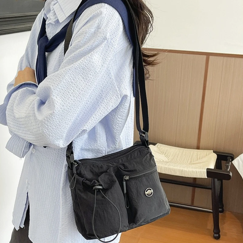 Simple Solid Color Nylon Shoulder Bags for Women Double Layer Multi-Pocket Ladies Crossbody Bag Travel Portable Female Handbag