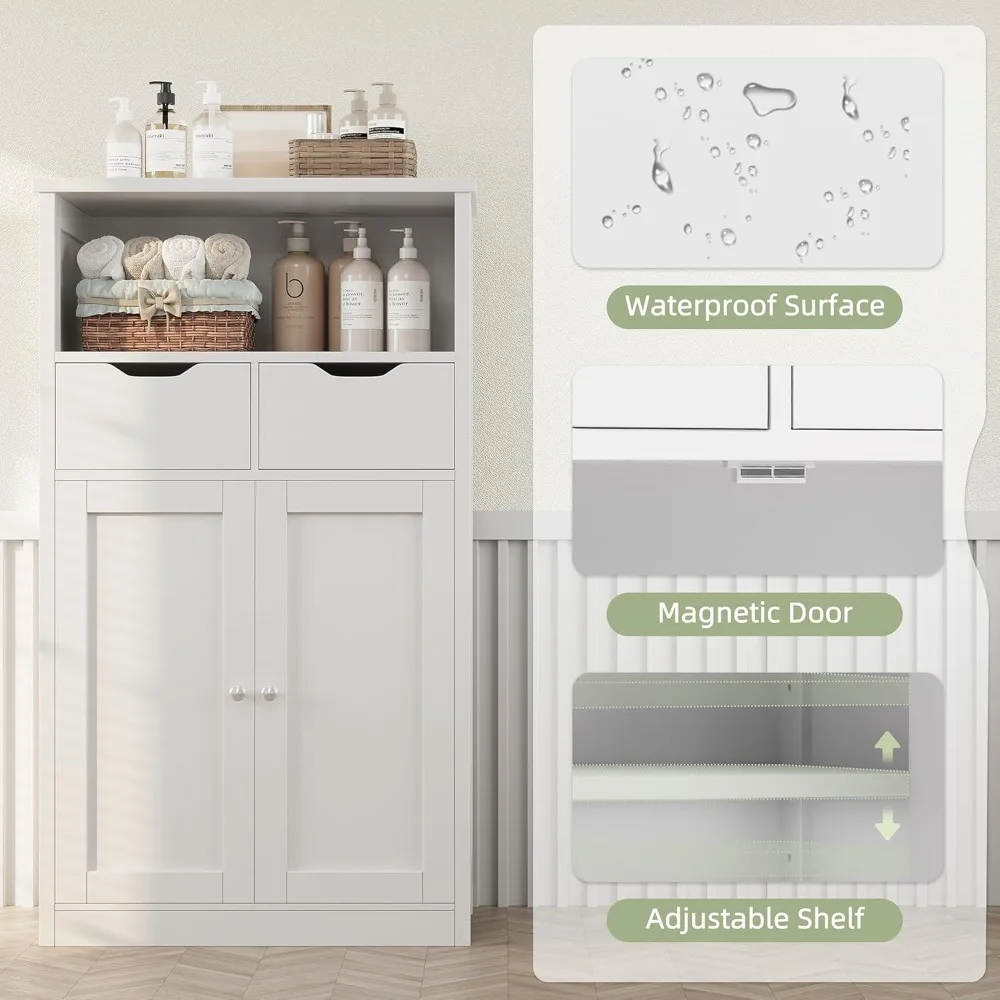 Witte vloeropbergkast met deuren en laden, verstelbare plankorganizer voor badkamerkeuken voorraadkast