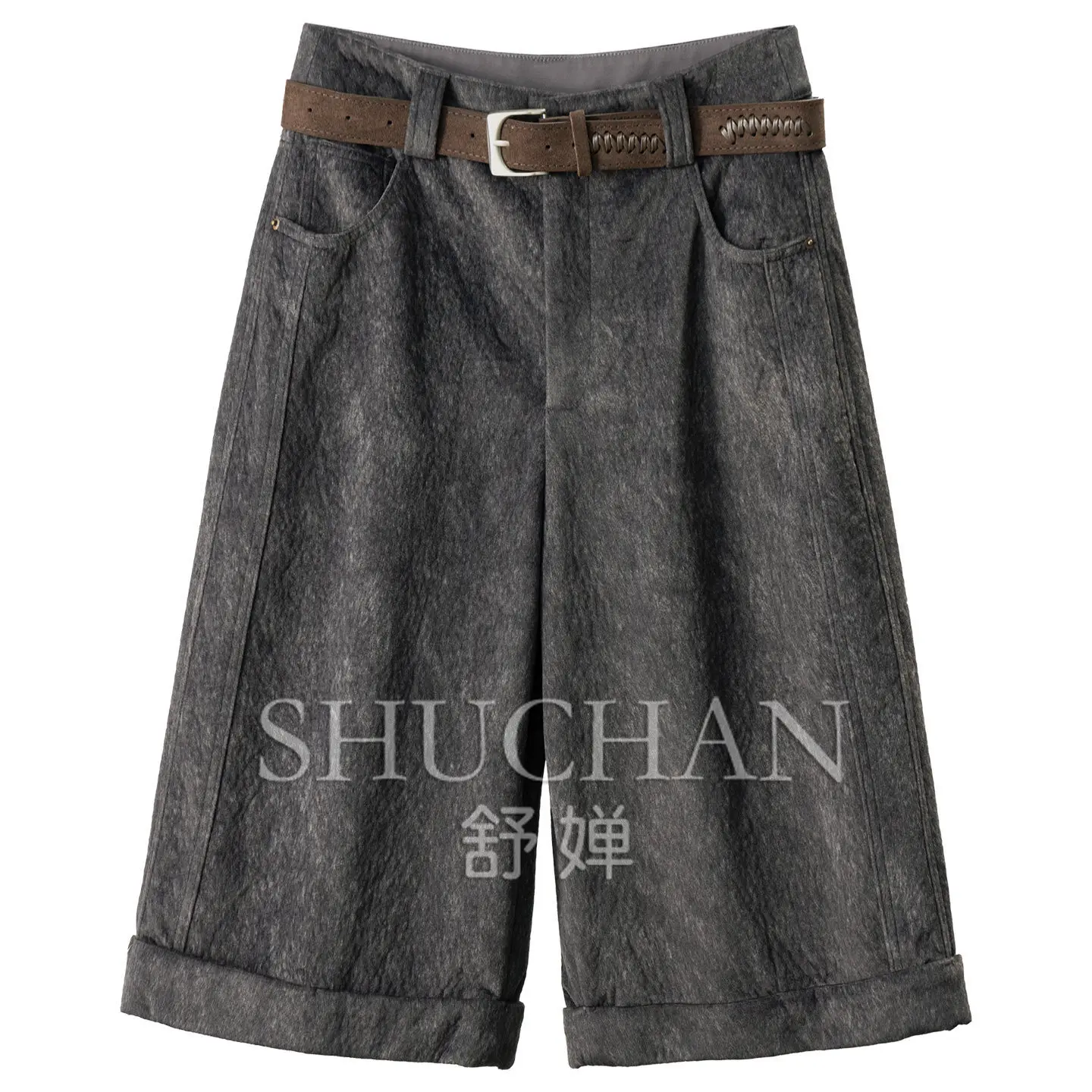 Suede High-waisted Wide-leg Cropped Pants Women's 24X5 Pantalones Mujer Faux Leather Pants