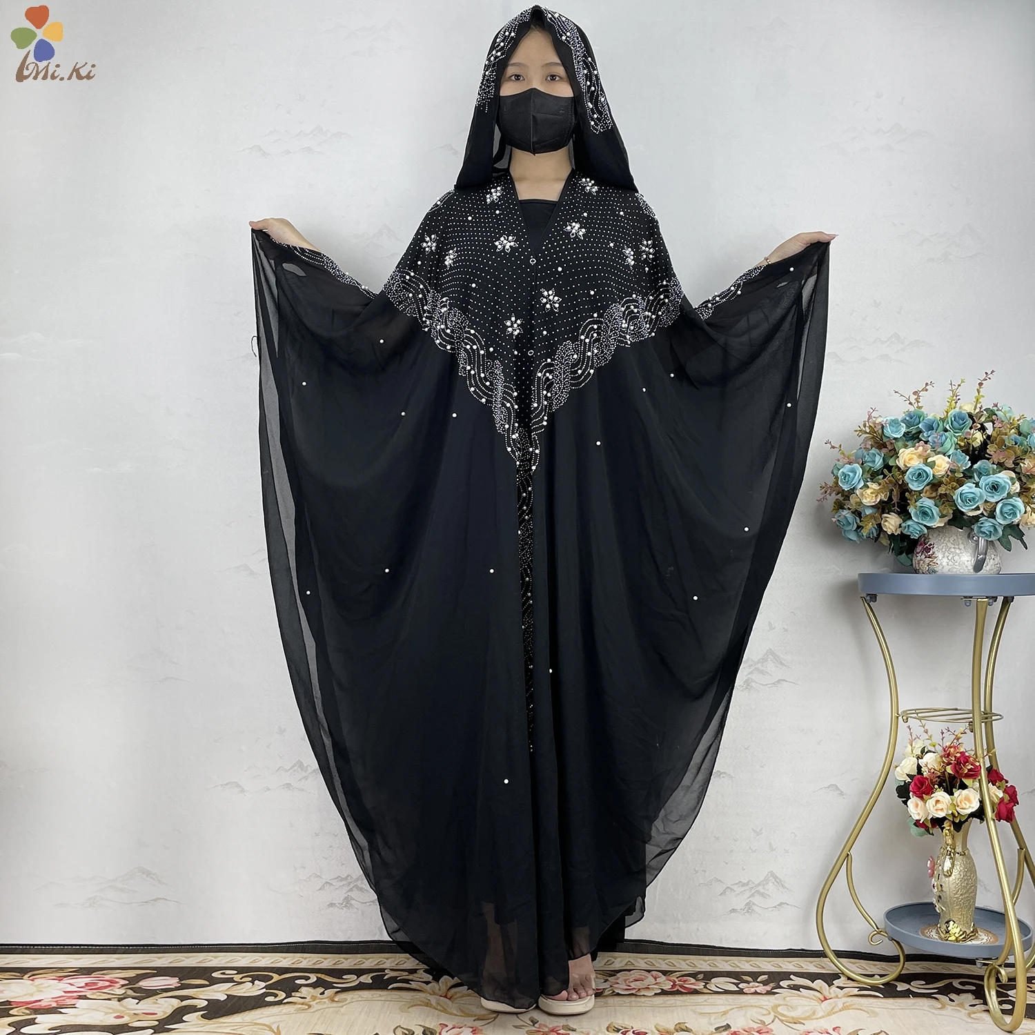 2024 New Open Abaya Dubai Turkey Muslim Hooded Dress Women Chiffon Kaftan Beads Luxury Cardigan Boubou Islamic Clothing