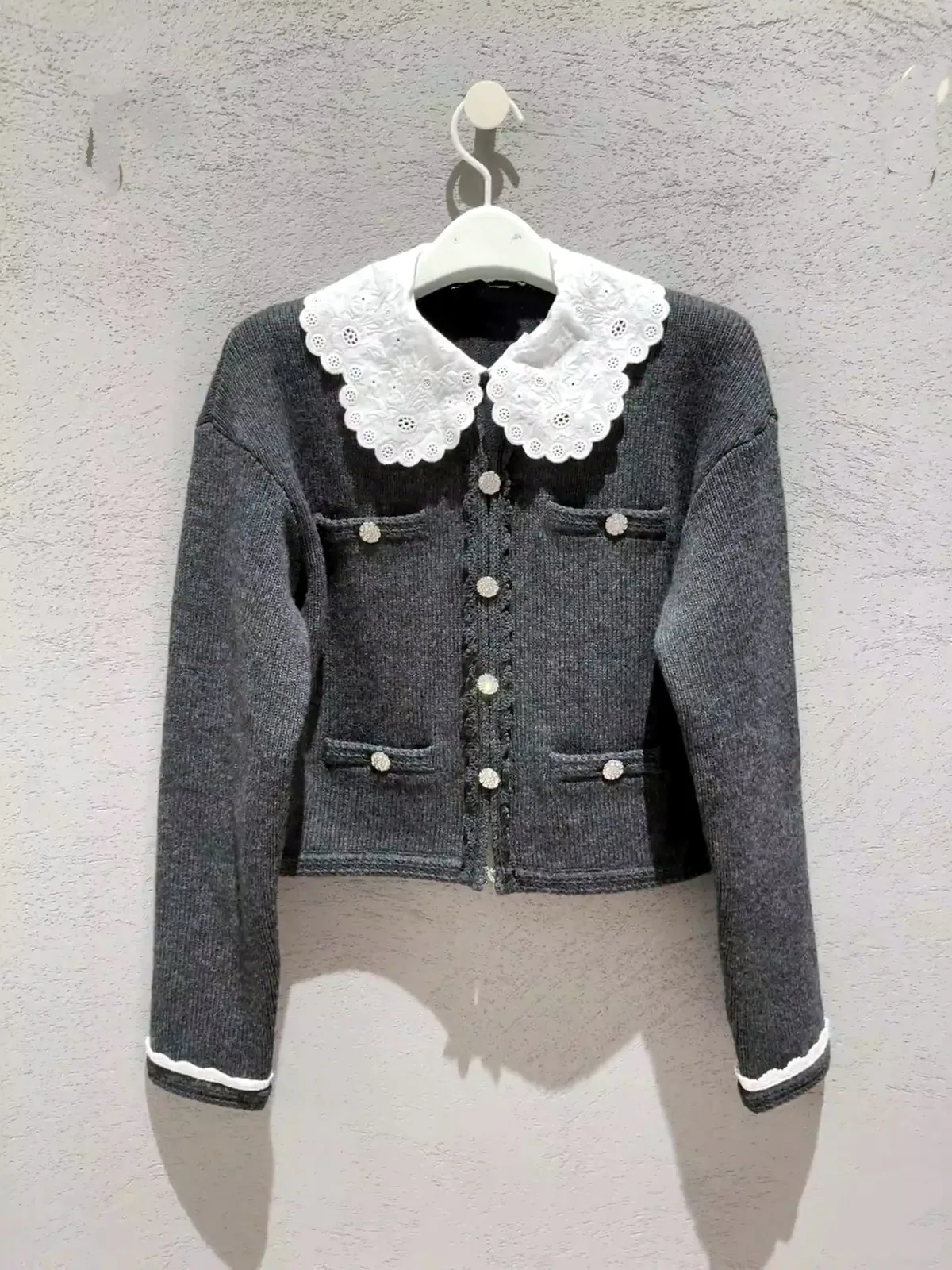 

High-End Version European Sle Detachable Lace Doll Collar ey Knitted Long Sve Open Cardigan Sweater Outerwear for Women