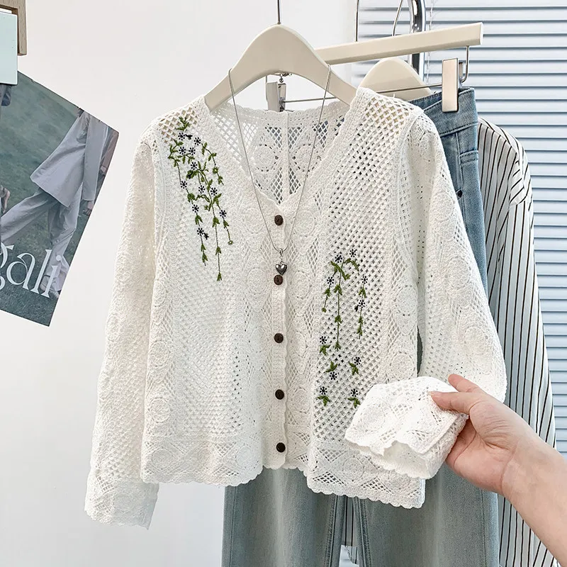 Hollow Out Crochet Women' Shirt 2026 Autumn French Style Embroidery Long Sleeve Coats V-neck Loose Sun-protective Clothing
