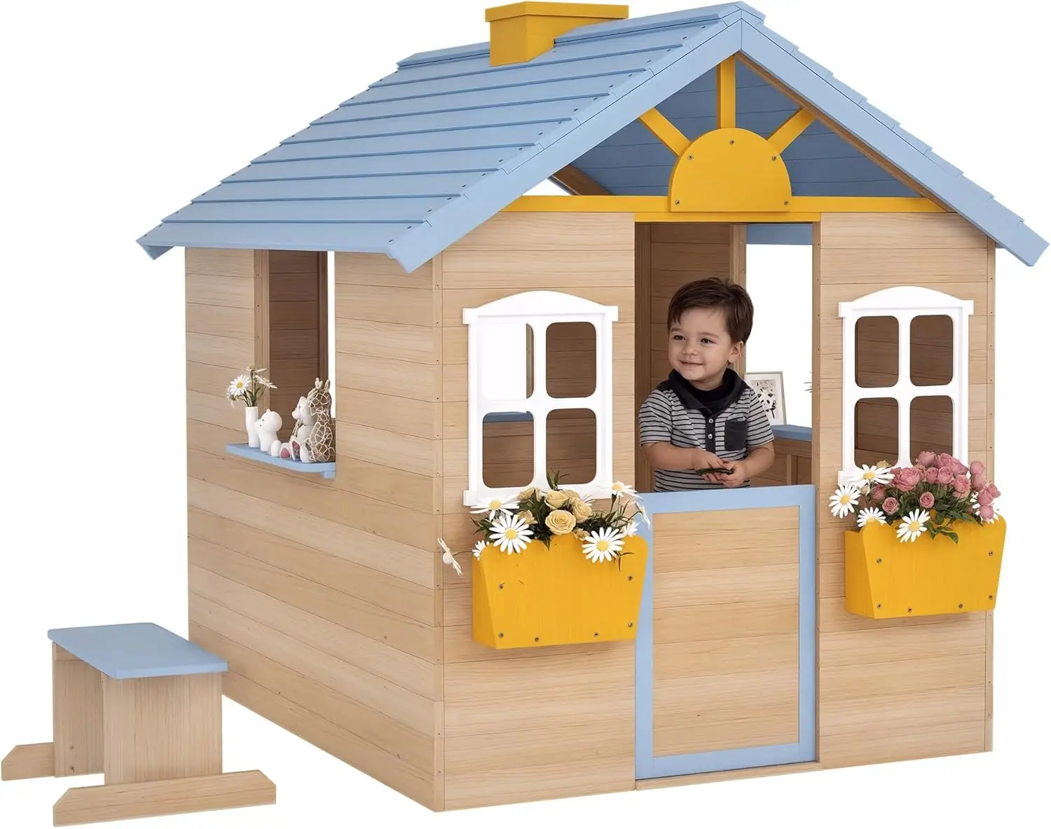 

US Shipping Kids Outdoor Wooden Playhouse Garden Pretend Play Cottage with Working Door Window Bench Service Station Flower