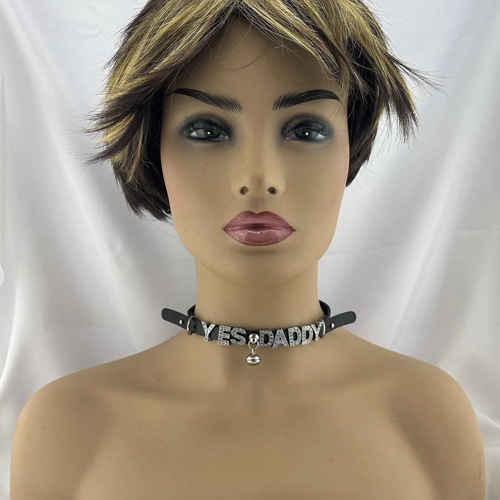Bell Buckled Adjustable Leather Rhinestone Custom Letters Collar  Name Chocker Necklace Cosplay Jewelry Gift