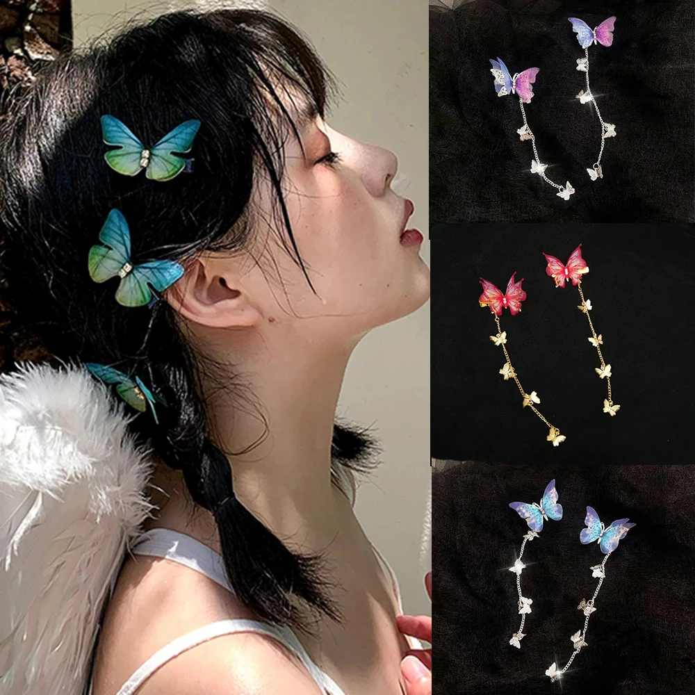 5cm Set/2/6PCS Silver Clip Hairpins Girls Sweet Butterfly Tassel Hair Clip Barrette Hairgrip For Women Fashion Cute Accessories