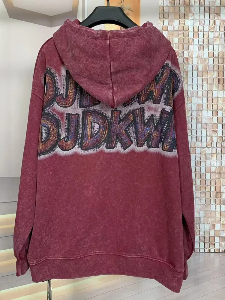 Trendy Brand Autumn Heavy Craft Back Shadow Cartoon Age-Reducing Mid-Length Oversized Hooded Fashion Loose Sweatshirt Women