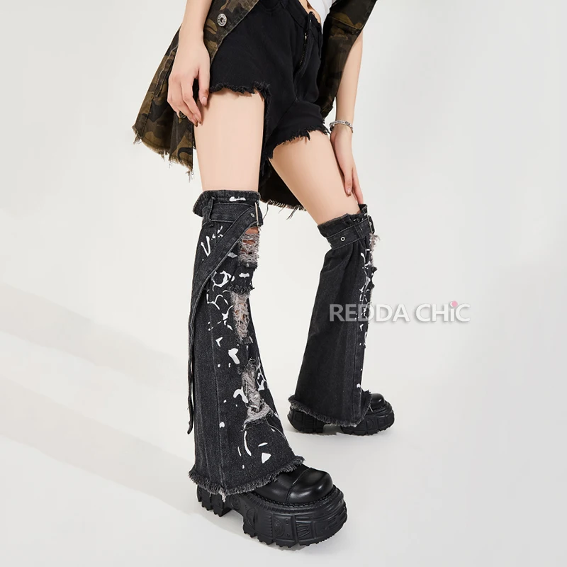 ReddaChic Silver Glitter Denim Leg Warmers Women Ripped Holes Steampunk Belted Boots Cover Raw Edge Knee Long Socks Goth Clothes