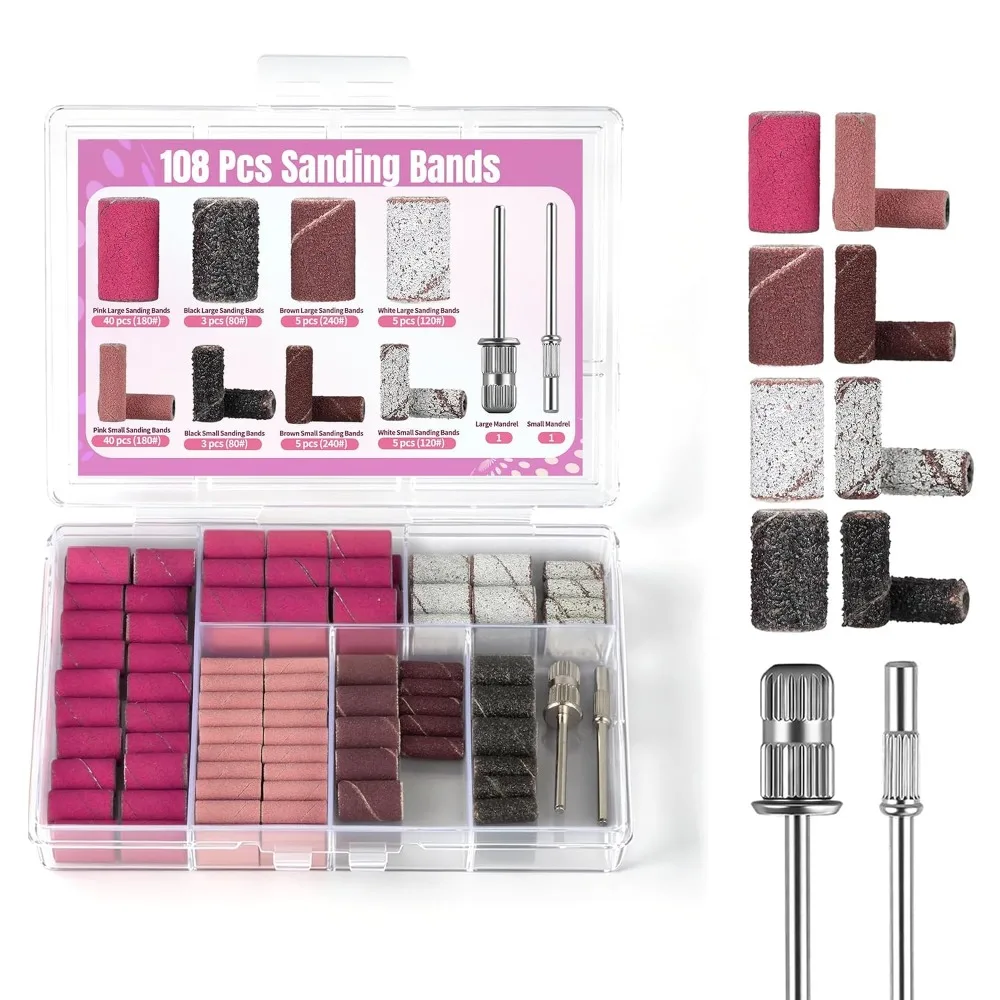 108-Piece Sanding Bands for Nail Drill, 4 Grits, 2 Sizes Set for Acrylic Gel Manicures and Pedicures