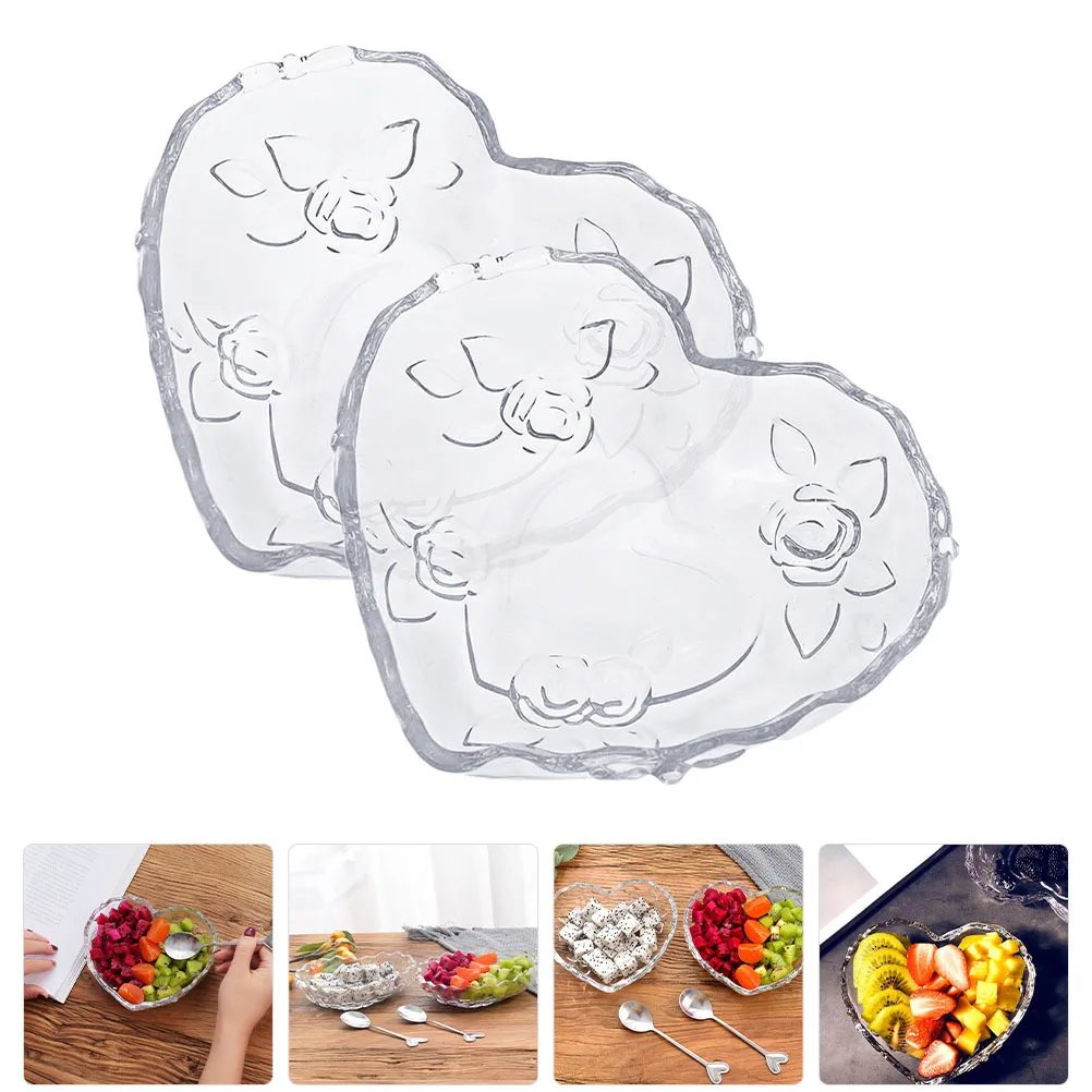 

2Pcs Heart Shape Glass Fruit Plate Embossed Rose Pattern Dessert Bowl Snack Holder Serving Dish for Party Daily Use