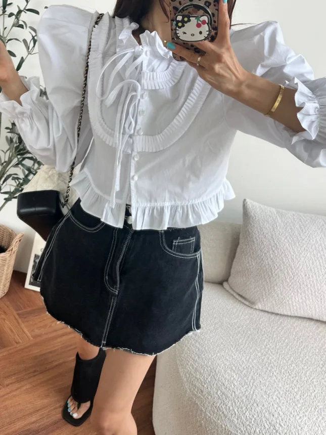 

Faionable Wooden Ruffle irt Women's ort Bubble Sve Knot Design Fre Anti-aging Korean Sle Long Sve Top