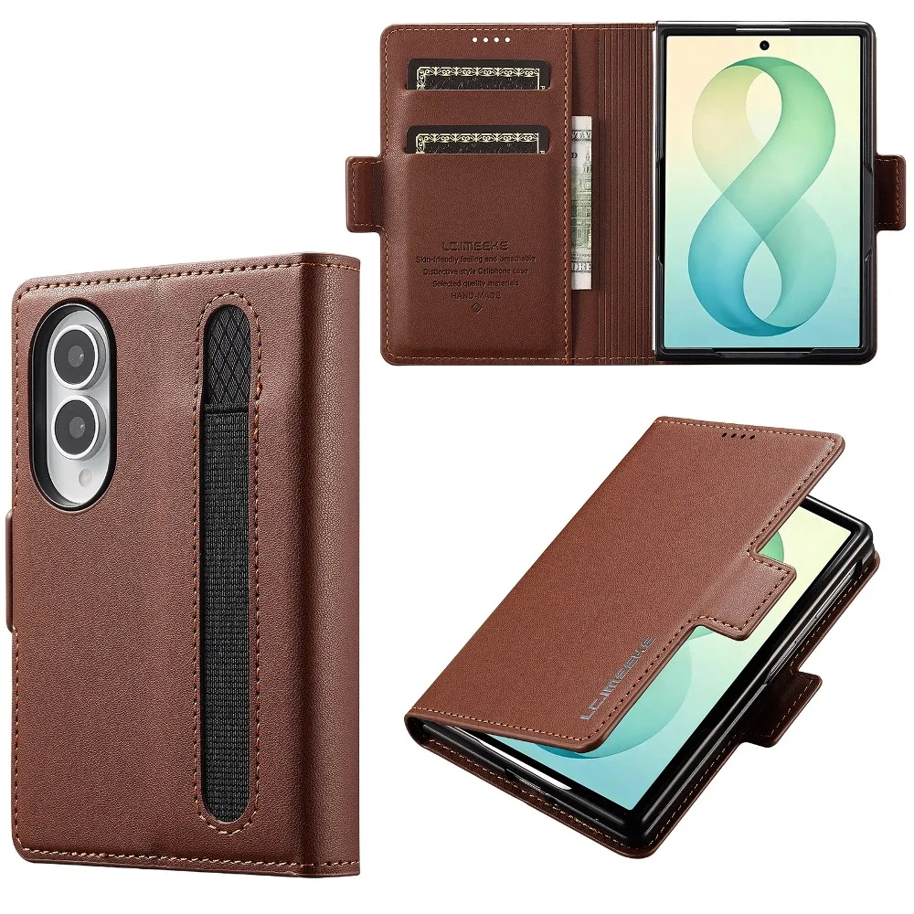 Solid Color Leather Built-in Cash & Card Slots Magnetic Flip Cover for Samsung Galaxy Z Fold 8 Ultra 7 6 with Back Pen Slot