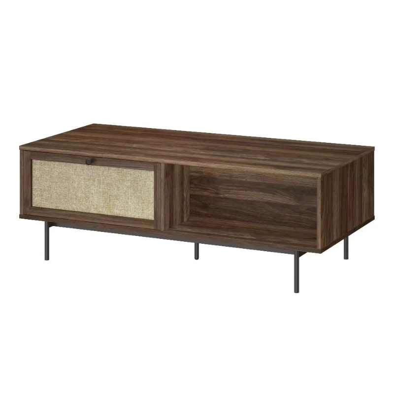 

Modern walnut medium-sized living room furniture, large coffee table with storage and fabric decoration, front design