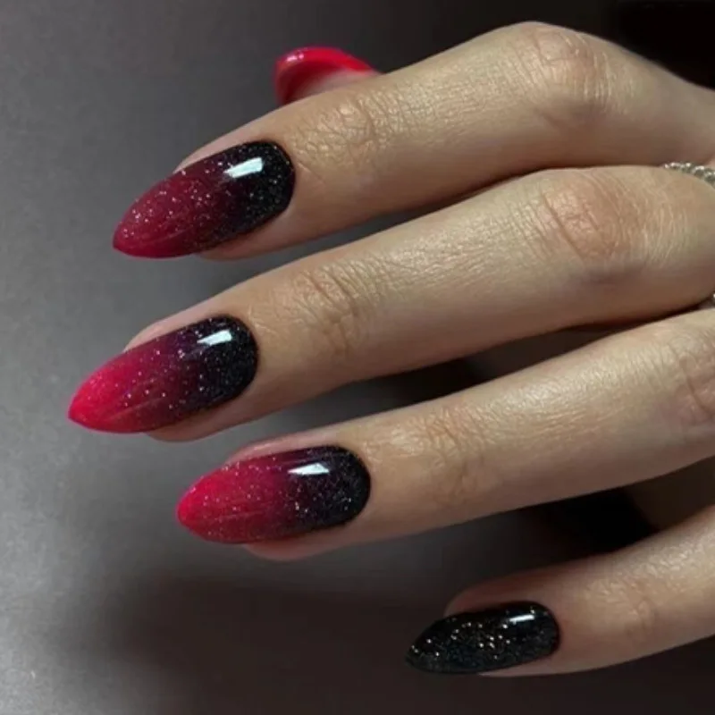 24 pçs rosa preto gradiente imprensa em unhas médio curto unhas falsas para belas colagem amêndoas adesivo acrílico arte do prego inverno