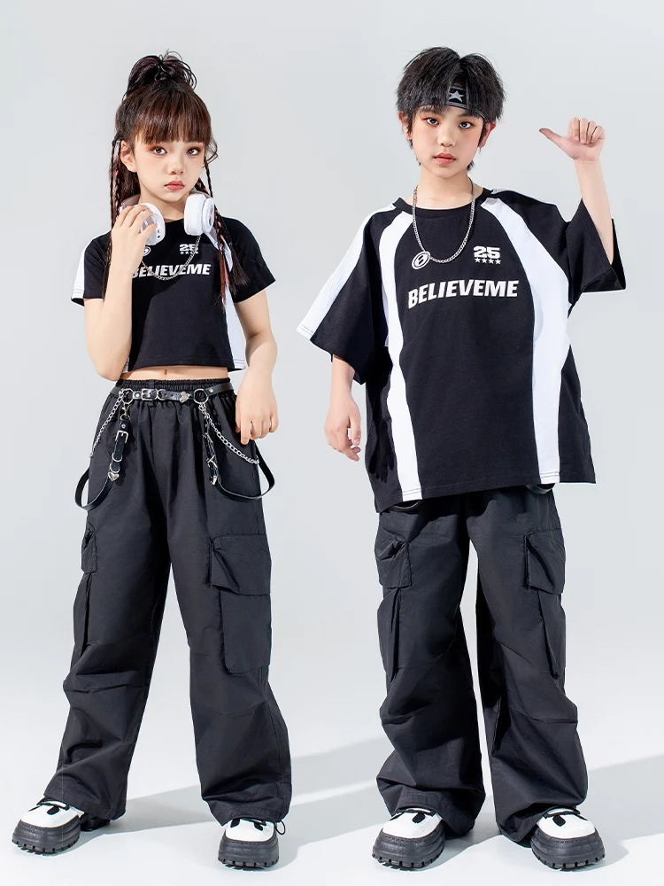 2024 Black Hip Hop Dance Costume Short Sleeves Jazz Practice Clothes Girls Boys Cargo Pants Kids Stage Show Clothing BL12960