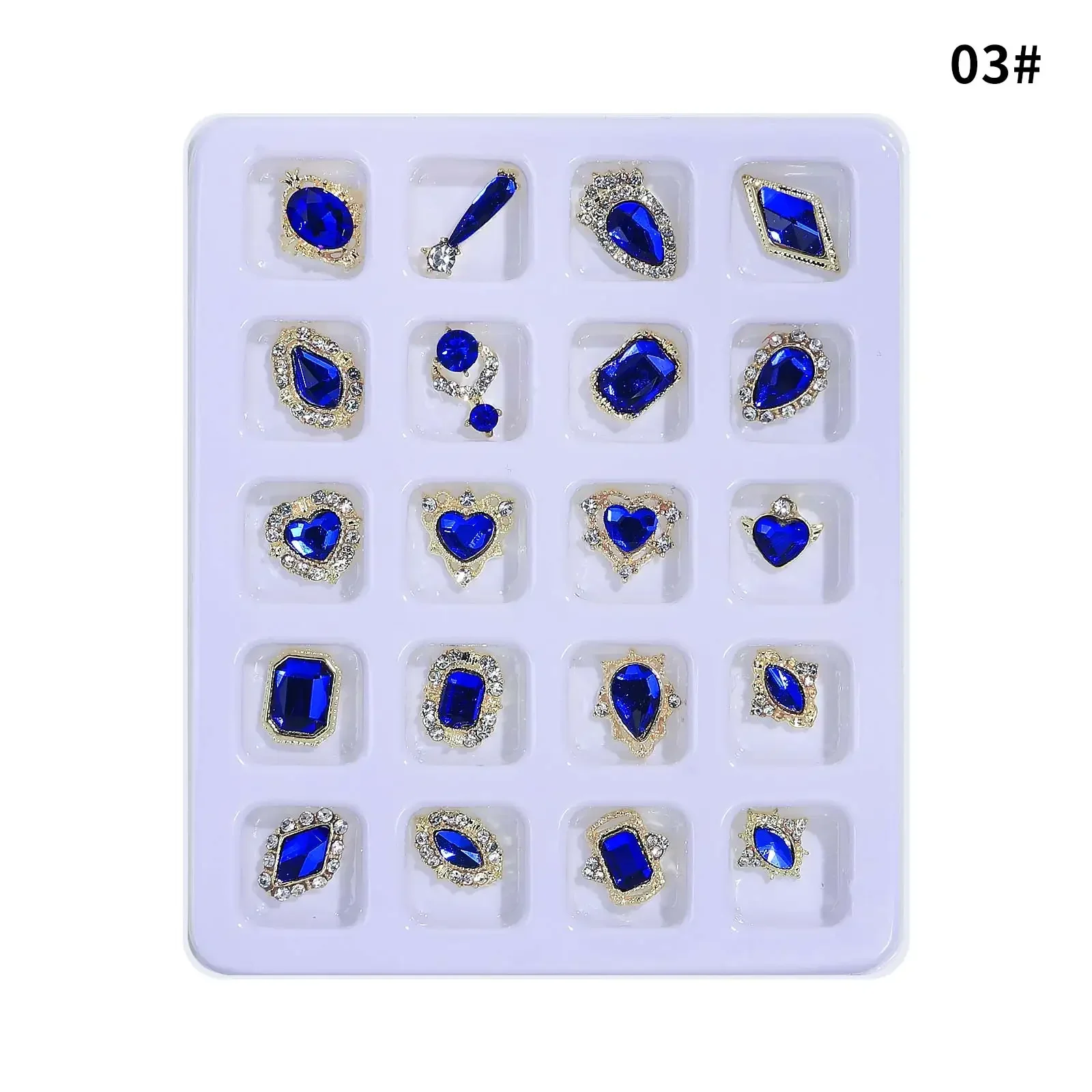 Kit di strass per nail art blu 20 pezzi Gemme Accessori per unghie in pietra Dimensioni multi-stile Glitter 3D Lussuosa decorazione per manicure in