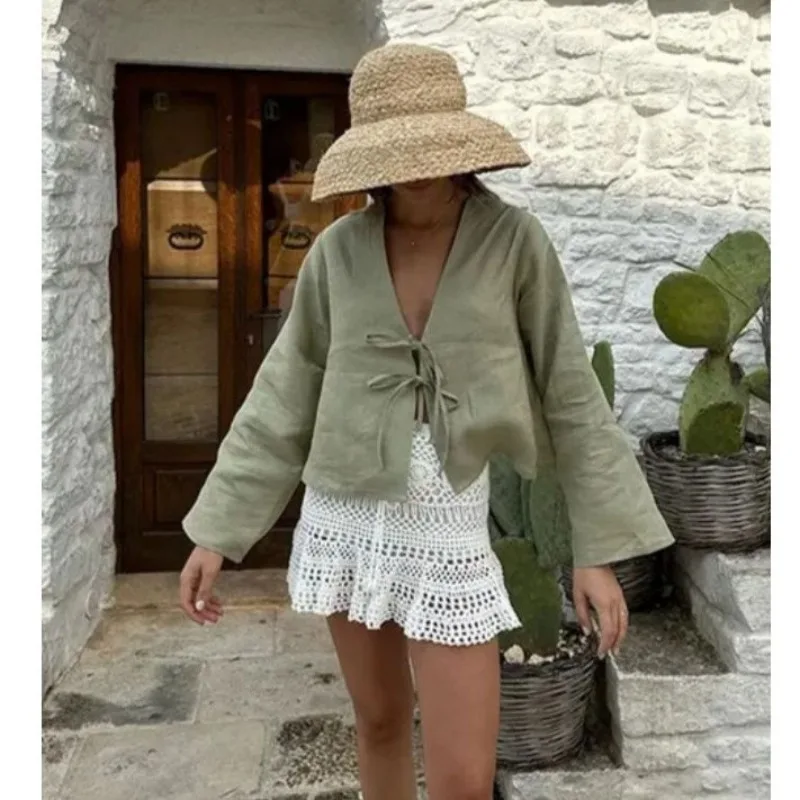 

Blouse Women's Spring/Autumn V-neck Bell Sleeves Bow Detail Tie Fastening New Comfortable Minimalist Casual Fashionable Niche