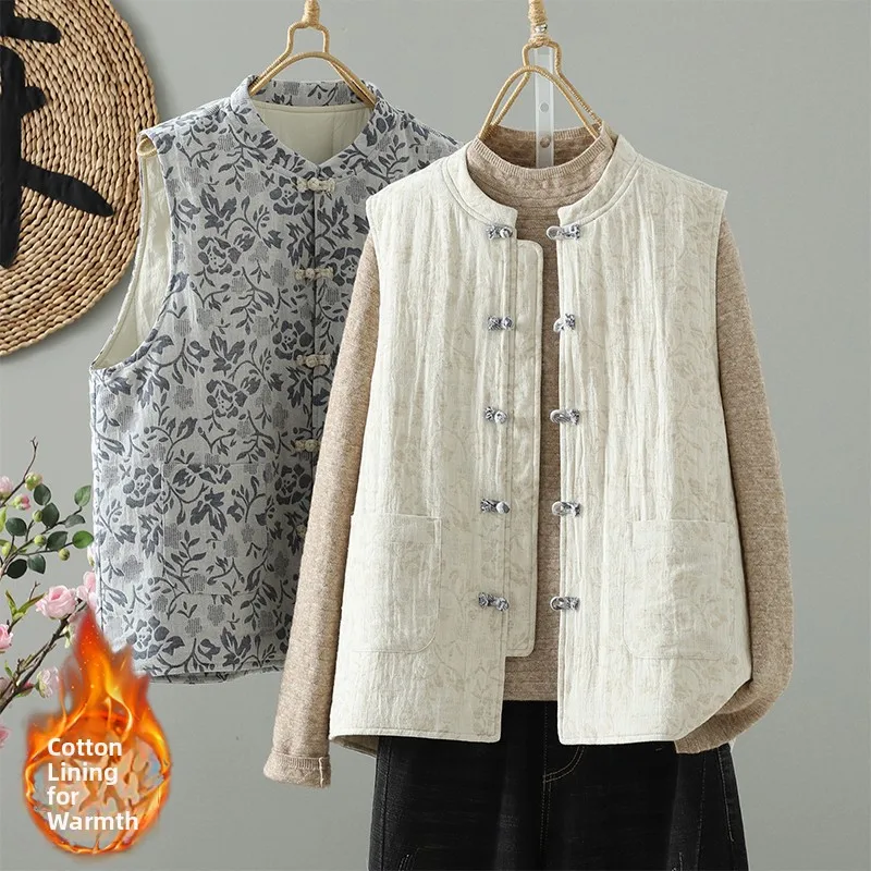 

Новый китайский хлопковый жилет на пуговицах в стиле ретро, легкий высококачественный теплый хлопковый жилет с цветочным принтом, тонкая льняная смесь
