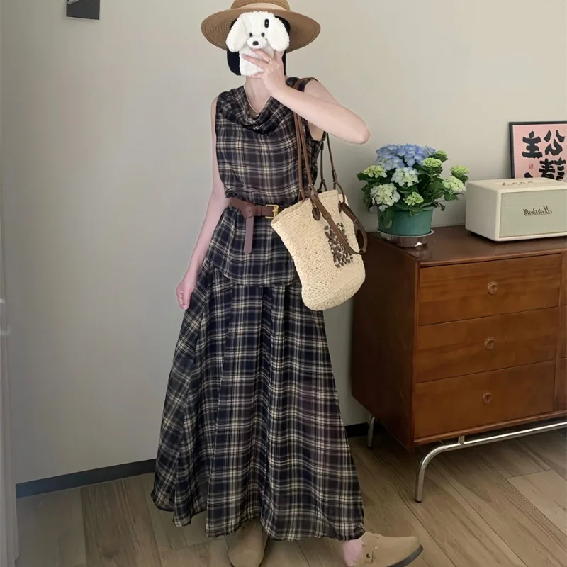 Vintage Plaid 2 Pieces Skirt Set Women Summer Old Money Style Swinging Collar Tank Tops and High Waist Long Skirts Female 2025