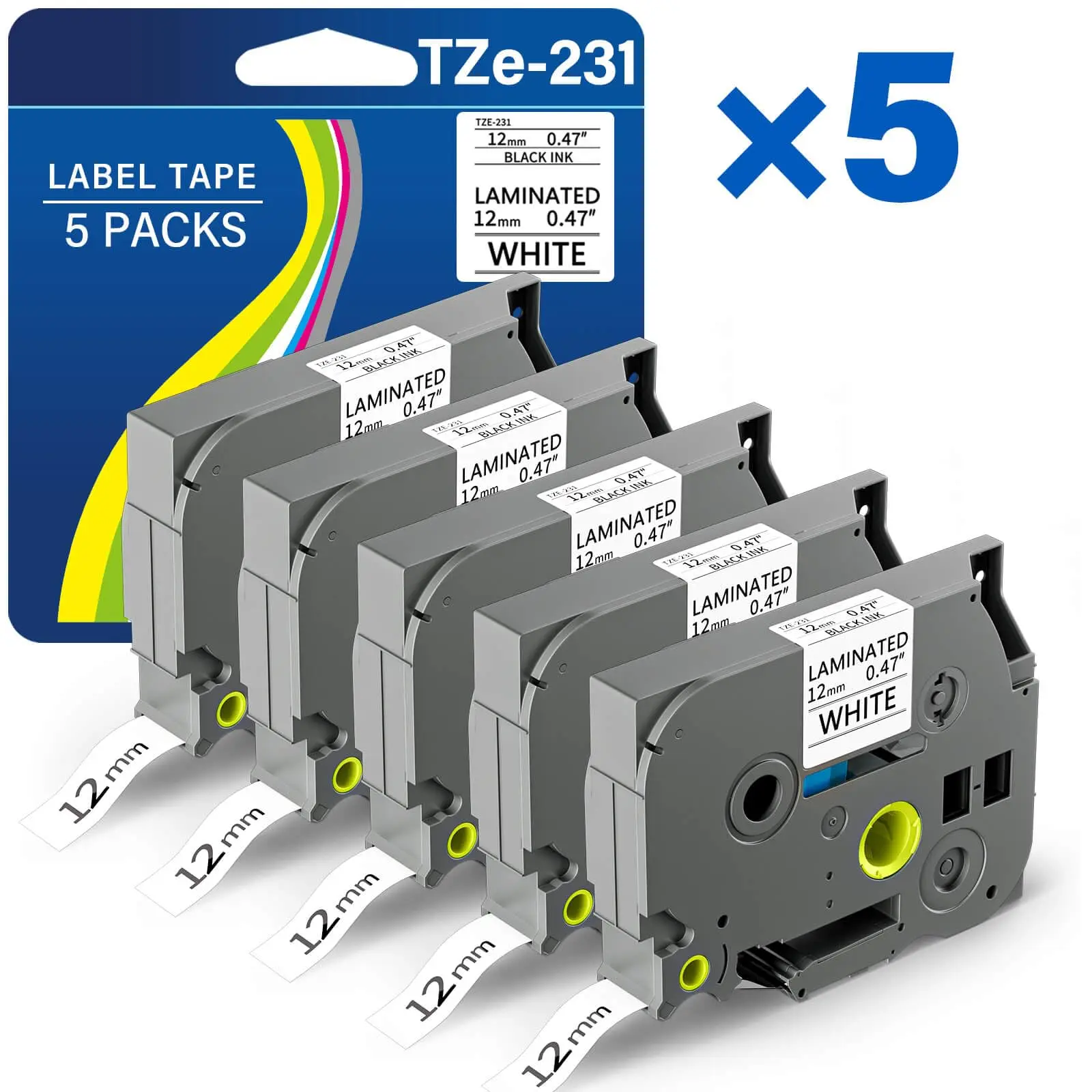 5 Packs TZE-231 Label Maker Tape 12mm 0.47 Laminated Black on White 8m Replacement for Ptouch TZ TZE TZE231 Label Tape Cassette