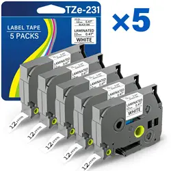 5 Packs TZE-231 Label Maker Tape 12mm 0.47 Laminated Black on White 8m Replacement for Ptouch TZ TZE TZE231 Label Tape Cassette