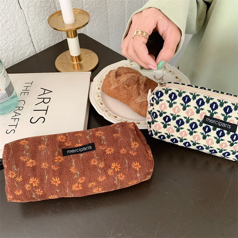 Japanese Vintage Art Floral Corduroy Pencil Case Ins Casual Girl Pen Pouch Cute Flower Makeup Bag Stationery Cosmetics Organizer