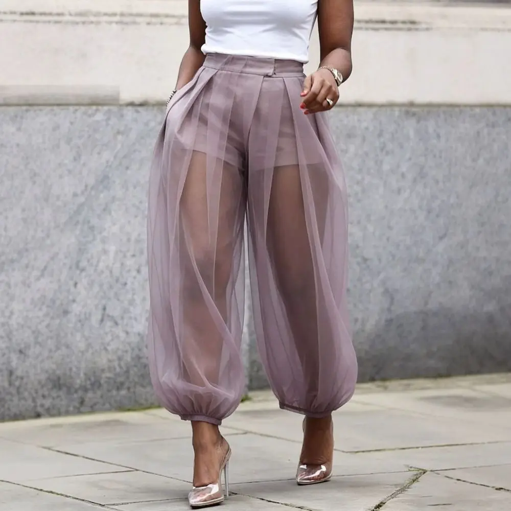 Casual Sheer Mesh Tulle Lantern Pants High Waist See-Through Balloon Pants Elastic Cuff with Pockets Loose Trousers for Women