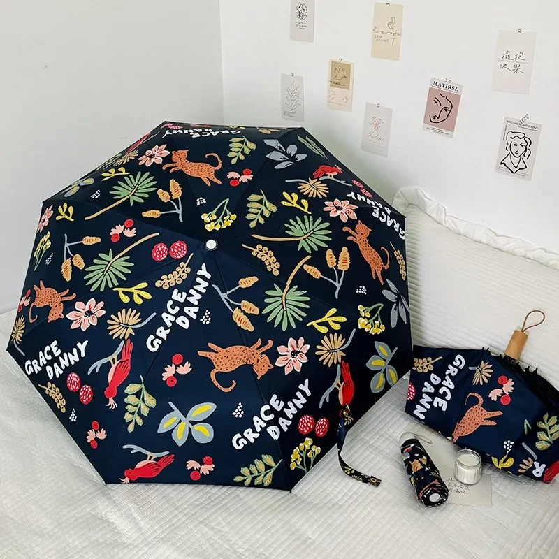French retro small portable women's sun protection and sun protection UV sun umbrella rain dual-purpose black glue