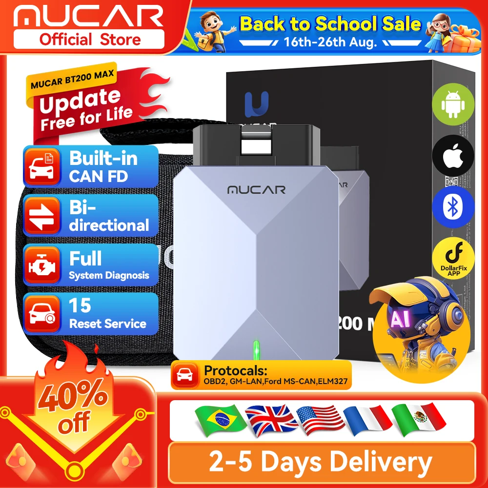 Lifetime Free Update MUCAR BT200 Max OBD2 Scanner CAN FD Bi-Directional Control All System Diagnostic Tool 15 Reset for All Cars