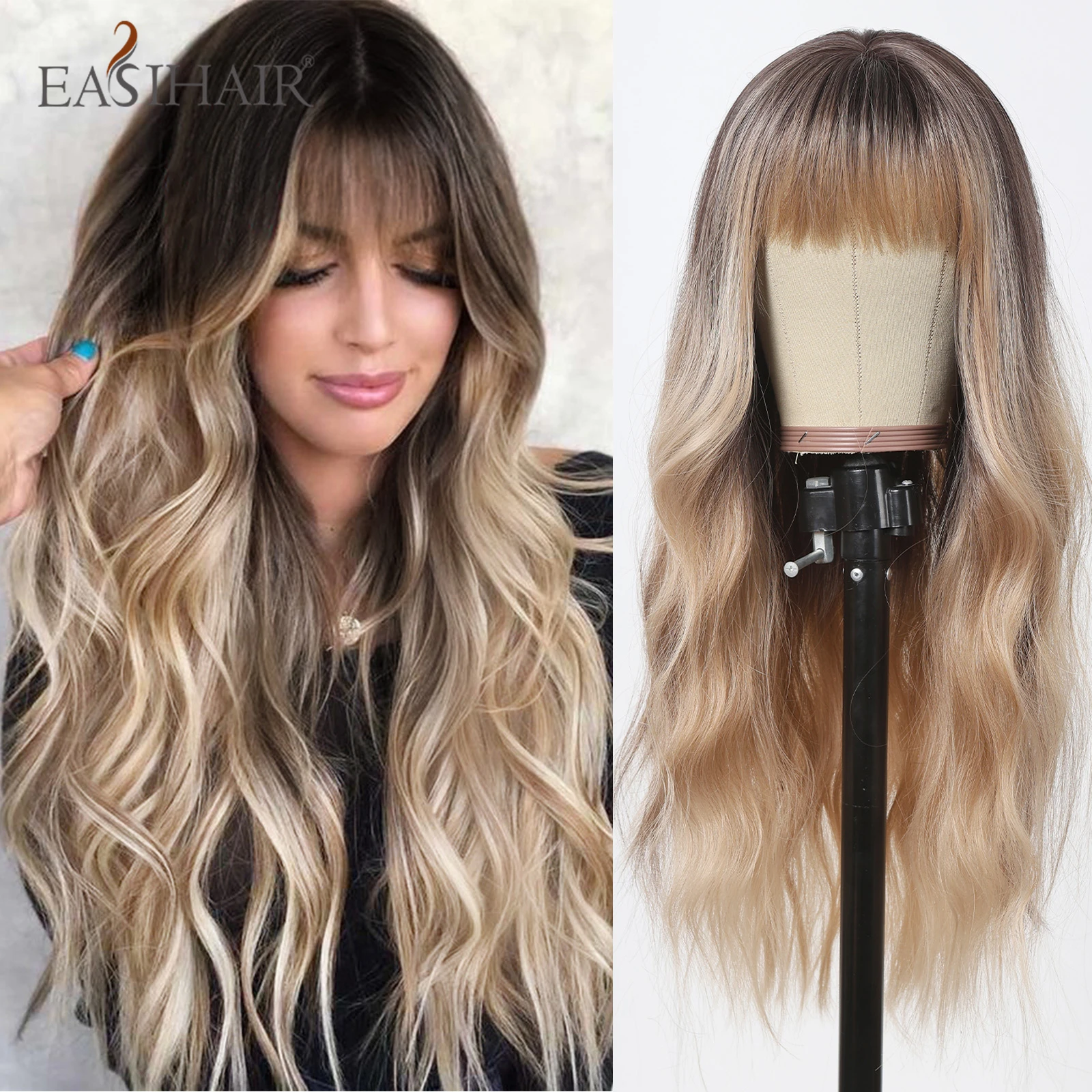 EASIHAIR Ombre Brown Blonde Long Wavy Synthetic Wig with Bang Women Hair Wig Daily Cosplay Party Natural Heat Resistant Hair Wig