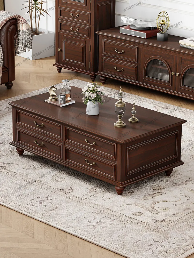 

American all-solid wood coffee table retro rectangular small apartment with drawers simple tea table