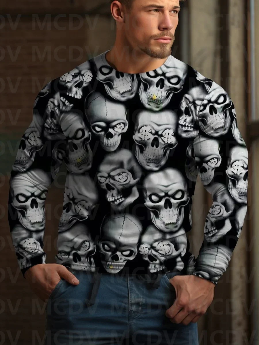 Men's Skull Ghost Halloween Print Long Sleeve T-Shirt Halloween Shirts