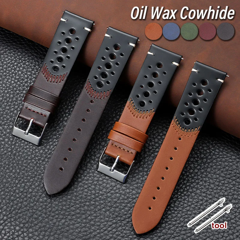 Oil Wax Cowhide Watch Band 20mm 22mm Perforated Leather Strap Breathable Casual Wristband Vintage Hand-Stitched Fashion Bracelet