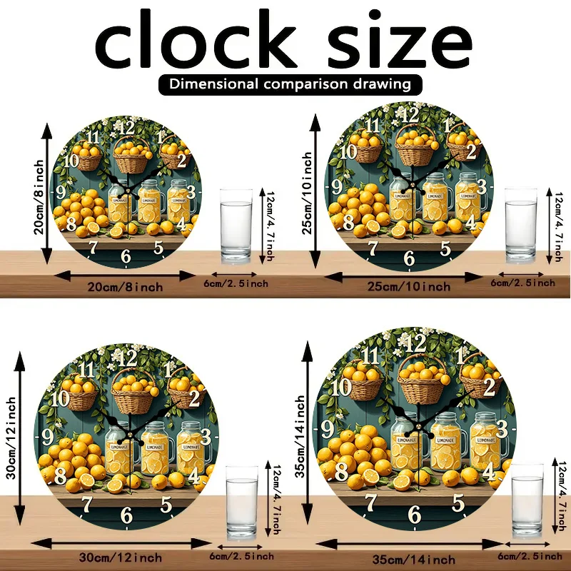 2D Flat. 1pc. Lemon-Themed Style Wall Clock - Silent Decorative Clock, Creative Wall Clock, Suitable for Bedroom, Living Room, Office Decoration, 20.32/25.4/30.48/35.56 cm (AA Battery Not Included)