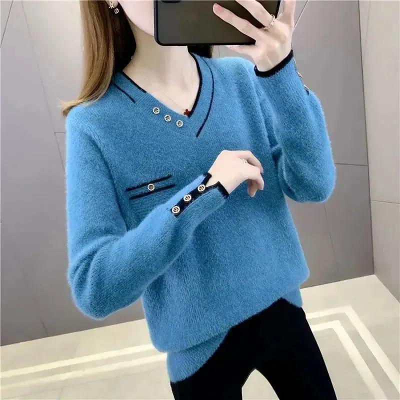 2023 Autumn Winter Women\'s Korean Fashion Plush Thick Chic Knitted Sweater Casual V Neck Long Sleeve Loose Pullover Tops Jumpers