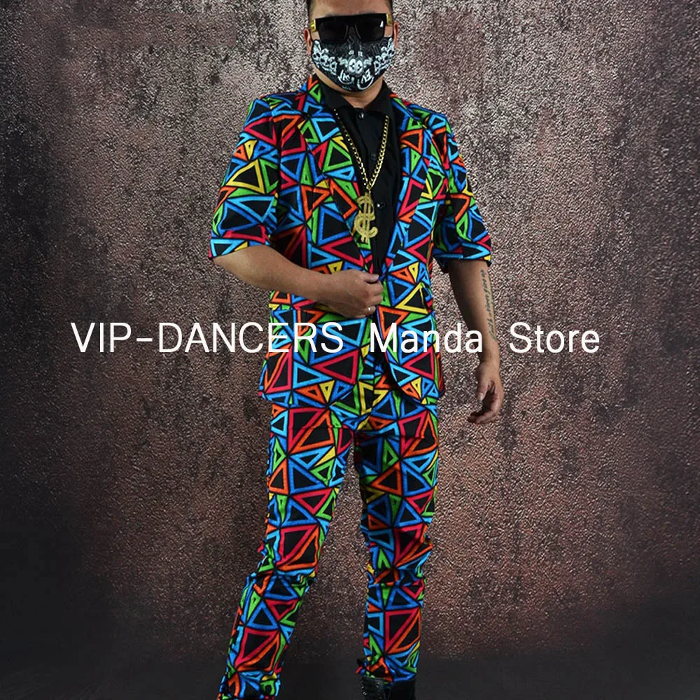 Stage Costume Male Nightclub Bar Club Performance Clothes Party Show Outfit Kpop Hip Hop Dance Set Colorful Printed Suit VDL630