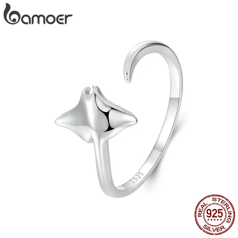 BAMOER 925 Sterling Silver Vivid Manta Open Ring Sea Animal Adjustable Ring for Women Statement Ring Jewelry Gift SCR1037-E