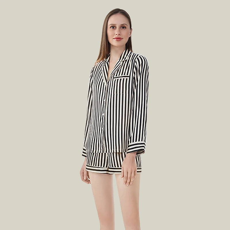 100% Mulberry Silk Pajama Set for Women 19Mm Striped Print Shorts Loungewear Casual Summer Homewear 2 Piece Set