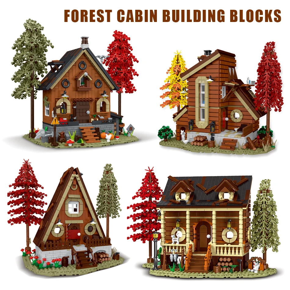 2025 Ideas Forest Cabin Street View MOC Building Blocks with LED Strip Wooden House Architecture Modular Bricks Toy for Kid Gift