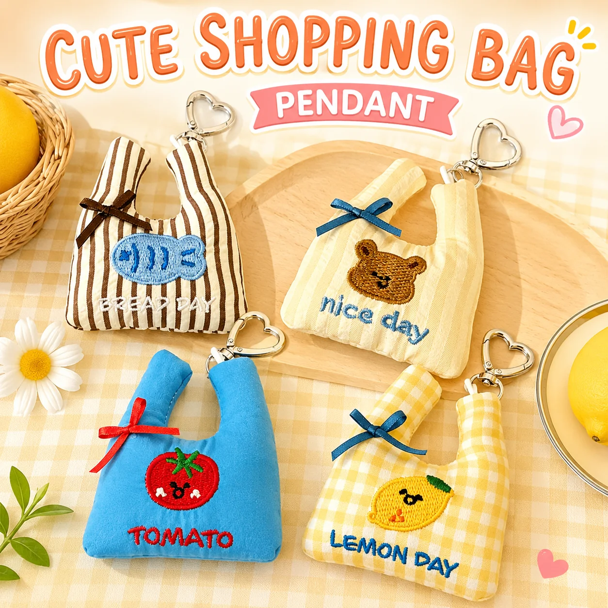 Cute Shopping Bag Pendant Charm Heart Clasp Keychain Embroidered Fabric Tote Pendant Backpack Decoration For Girls